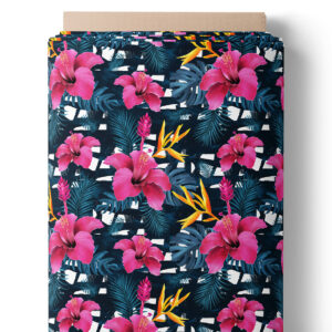 Fleurs tropicales fuchsia sur rayures