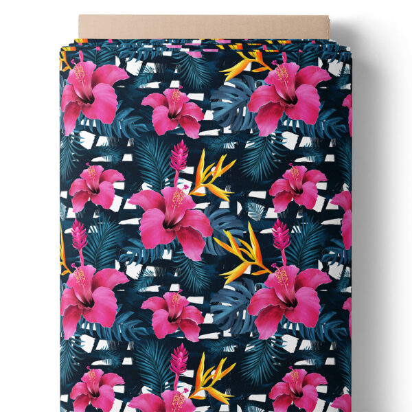 Fleurs tropicales fuchsia sur rayures