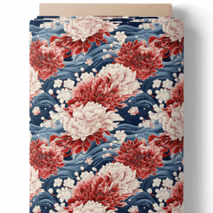 Chrysanthèmes rouges sur vagues bleues