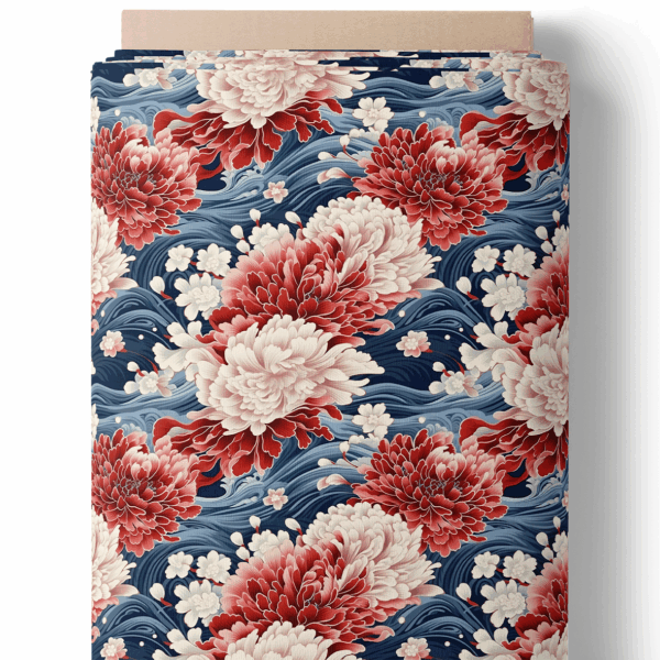 Chrysanthèmes rouges sur vagues bleues