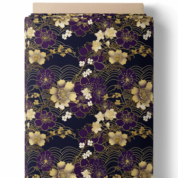 Fleurs dorées et violettes sur vagues japonaises