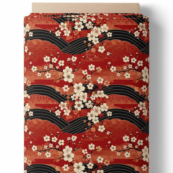Vagues rouges et fleurs de cerisier