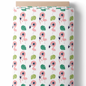 Flamants roses et feuilles exotiques