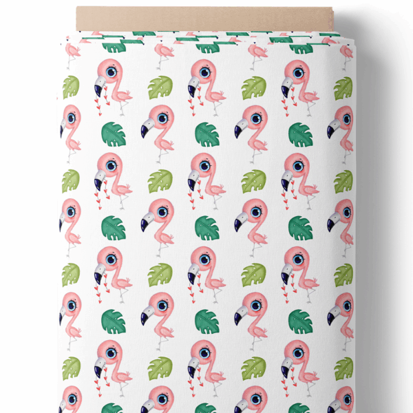 Flamants roses et feuilles exotiques