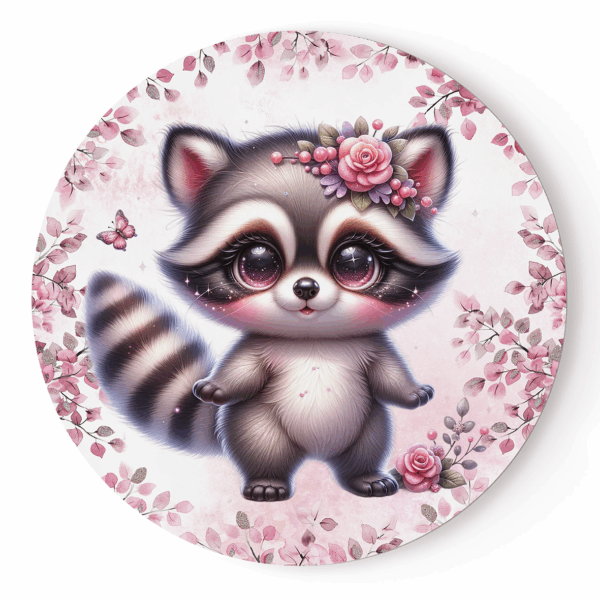 Pink woodland - Panneau rond plein - Raton laveur