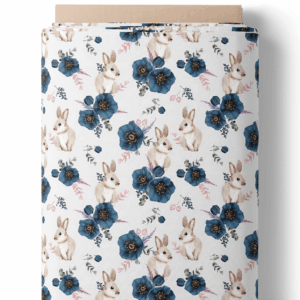 Lapin et fleurs bleu pétrole - Sur laize